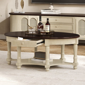 English Elm Vintage Oval Coffee Table With Drawer & Storage Shelf - French Country Charm For Living Rooms N735P277388K-GIGA