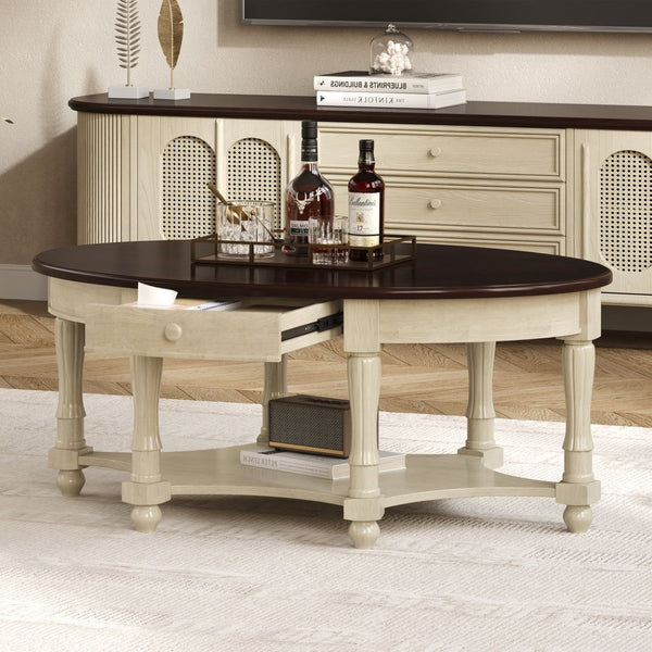 English Elm Vintage Oval Coffee Table With Drawer & Storage Shelf - French Country Charm For Living Rooms N735P277388K-GIGA
