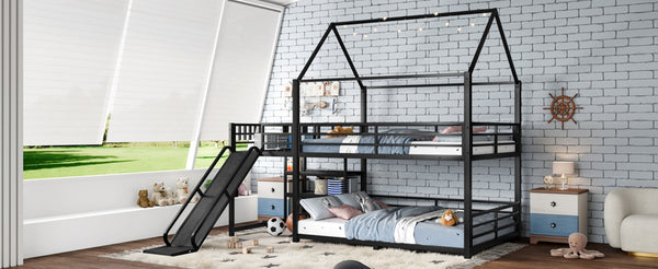 English Elm Twin House Bunk Bed with Slide Storage Stairs and Safety Rails for Kids Rooms W1580S00649