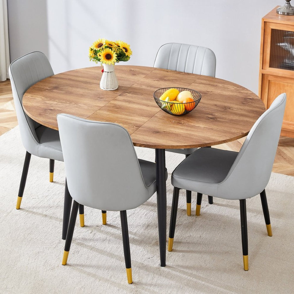 English Elm Table Expandable Dining Set – Modern Round-To-Oval Wood Mdf Table With 4 Pu Cushion Chairs & Metal Legs W1151S03936-GIGA
