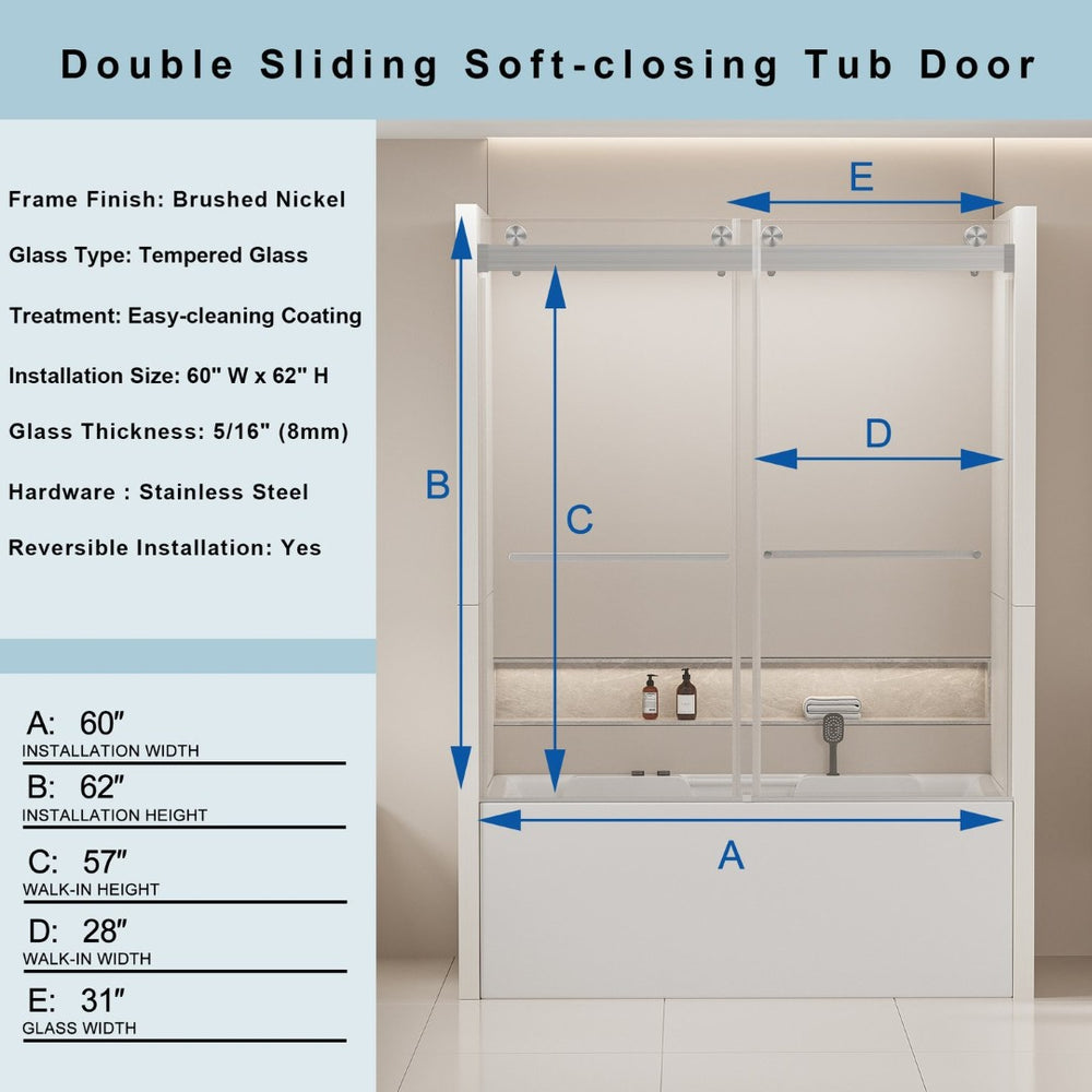 English Elm 56-60 in Frameless Bypass Tub Shower Door Soft Close Tempered Glass Brushed Nickel W1920P385329