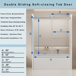English Elm 56-60 in Frameless Bypass Tub Shower Door Soft Close Tempered Glass Brushed Nickel W1920P385329