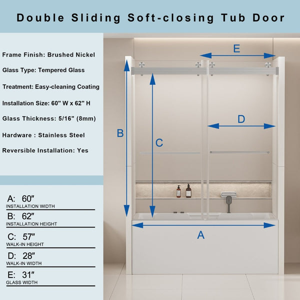 English Elm 56-60 in Frameless Bypass Tub Shower Door Soft Close Tempered Glass Brushed Nickel W1920P385329