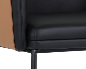 Sunpan Carter Barrel Back Dining Armchair in Faux Leather with Stylish Copper Foot Caps and Steel Legs Napa Black / Napa Cognac