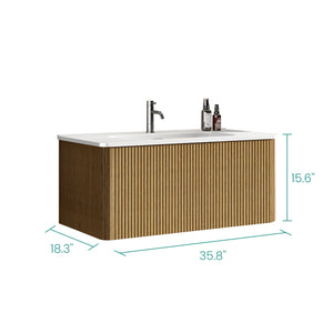 English Elm U088-Etna36W-306 Striped Natural Oak Floating Vanity with Glossy White Integrated Sink, Push-Open Drawer, Curved Safety Edges W1865P293618