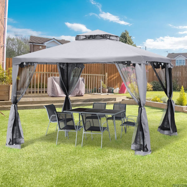 English Elm Outsunny 9.6' X 9.6' Stylish Patio Gazebo With 2-Tier Roof, Netting & Uv-Resistant Canopy For Outdoor Use W2225P174209-GIGA