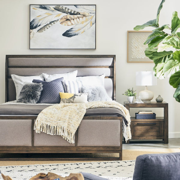 English Elm Arcadia Queen Bed Pine Oak Frame Curved Wing Headboard Upholstered Panel Rustic Modern B108S00047