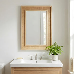 English Elm Natural Rattan Wrapped Solid Wood Frame Rectangle Mirror for Farmhouse Entryway Bath Natural Wood W2203P436620