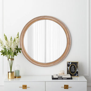 English Elm Round Ribbed Wood Framed Wall Mirror - 23.62" Natural Decorative Mirror For Coastal & Farmhouse Styles W2295P388972-GIGA