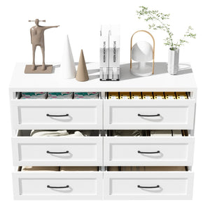 English Elm 6 Drawer White Steel Dresser Low Profile Powder Coated Frame for Bedroom or Hallway T2398P465981