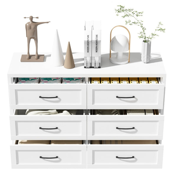 English Elm 6 Drawer White Steel Dresser Low Profile Powder Coated Frame for Bedroom or Hallway T2398P465981
