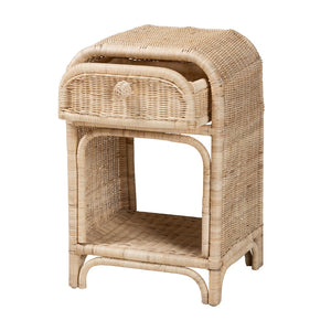 English Elm Modern Woven Rattan Bohemian Nightstand with Drawer and Open Shelf for Bedroom B2750P420374
