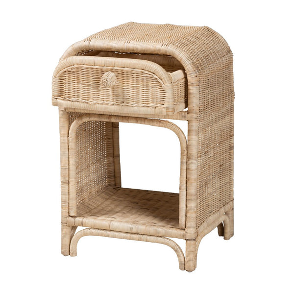 English Elm Modern Woven Rattan Bohemian Nightstand with Drawer and Open Shelf for Bedroom B2750P420374