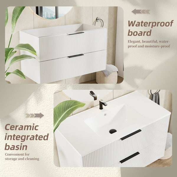 English Elm 090 Floating Bathroom Vanity Cabinet Matte Wall Mounted Soft Close Drawers Modern White W3520P345981