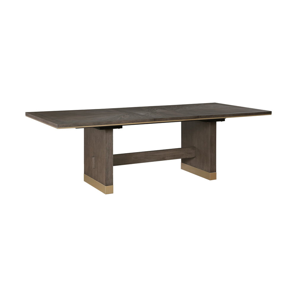 English Elm Modern Griffin Dining Table with Self-Storing 20" Leaf, Sunburst Oak Brown Finish & Gold Trim B011S01459