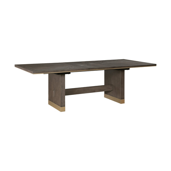 English Elm Modern Griffin Dining Table with Self-Storing 20" Leaf, Sunburst Oak Brown Finish & Gold Trim B011S01459