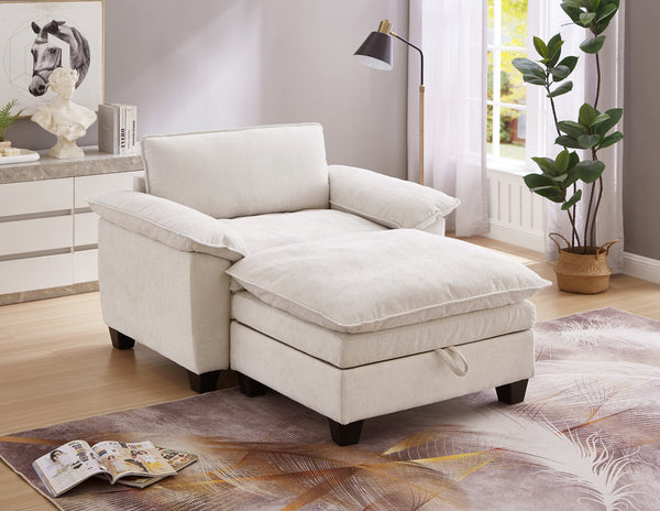 English Elm 51" Oversize Chaise Lounge Chair with Ottoman and Hidden Storage Upholstered in Soft Chenille Comfort Beige W1097S00152