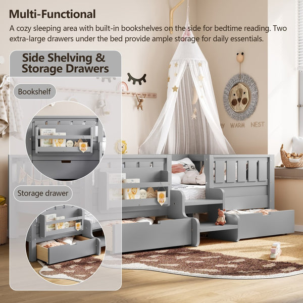 English Elm Twin Kids Storage Bed with Bookshelf Headboard Safety Staircase and Under Drawers Gray W1580P379185