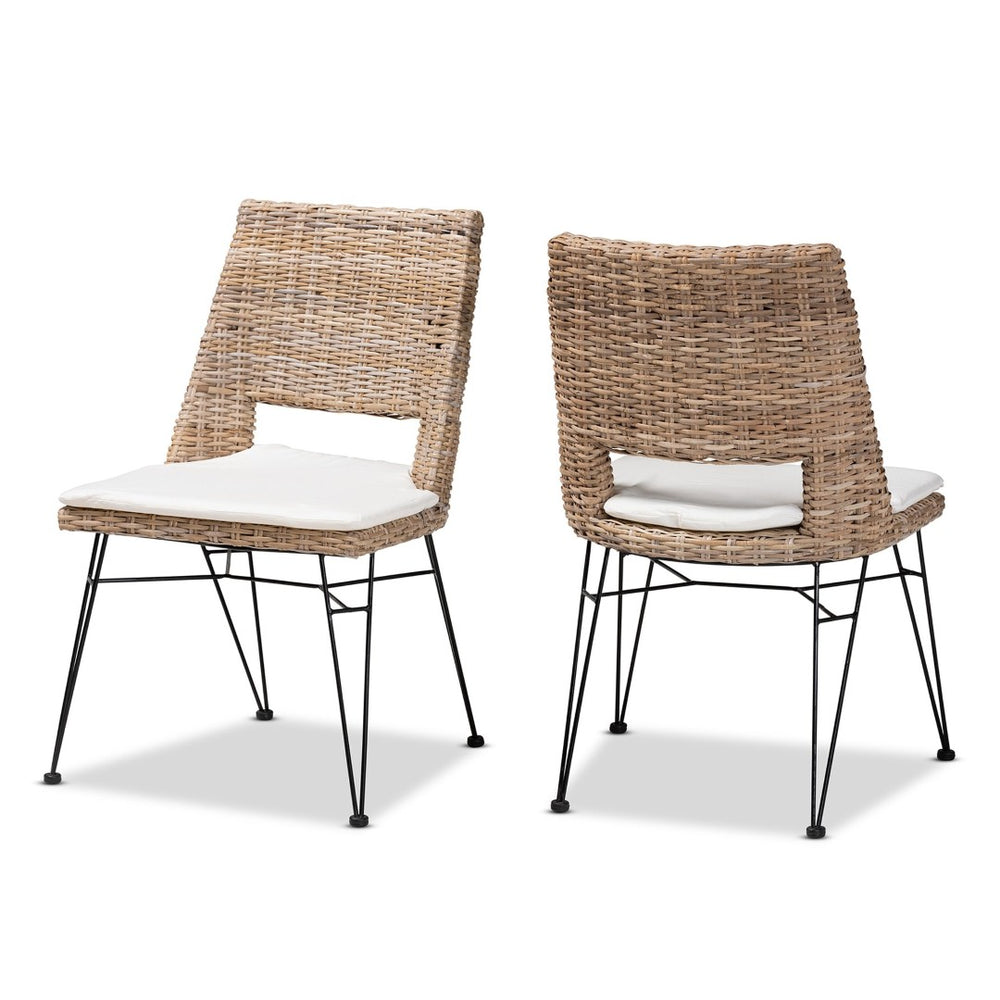English Elm Modern Woven Rattan Armchair Set of Two Bohemian Dining Chairs with Openwork Frame B2750P470066