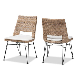 English Elm Modern Woven Rattan Armchair Set of Two Bohemian Dining Chairs with Openwork Frame B2750P470066