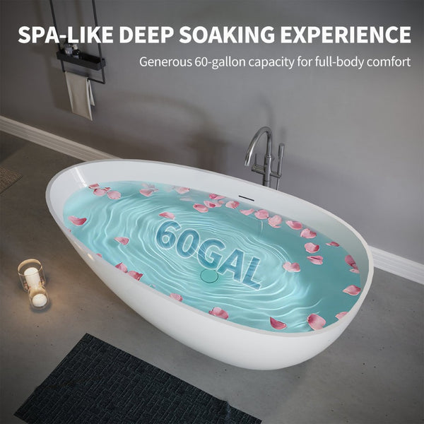 English Elm 59" Stone Resin Freestanding Soaking Tub Spa Grade Oval Design for Modern Baths Glossy White W1920P410046