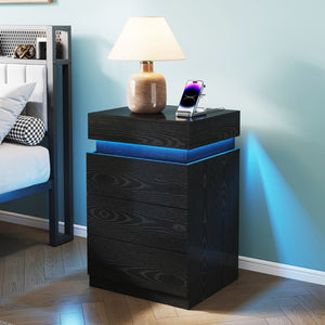 English Elm Nightstand with Rgb Led Lighting and Charging Hub Three Drawer Sleek Modern Bedside Black W5221P421223
