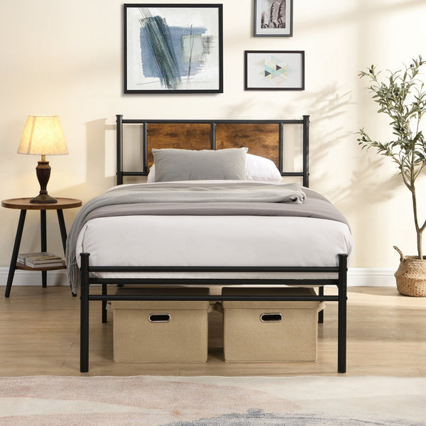 English Elm Twin Metal Bedframe with Wood-Accented Headboard, Black/Brown, Sturdy Steel, 10.8" Storage Space W2297P281490