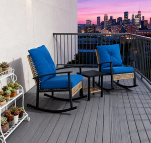 English Elm Patio Pe Rattan Rocking Chair Set with Tufted Cushions and Matching Coffee Table Blue T3971P419117