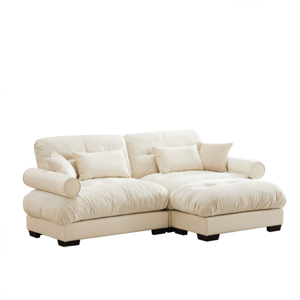 English Elm Over Size Modern Two-Seater Sofa With Ottoman - Luxurious Velvet, Bolster Armrests, Cream Comfort W714S01069-GIGA