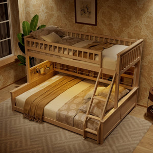 English Elm Twin Xl Over Queen Bunk Bed with Led Lighting Shelving and Pegboard Pinewood Frame Beige LT000280AAA