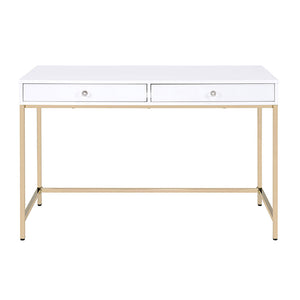 English Elm White White High Gloss and Gold 2-Drawer Writing Desk with Crystal Knobs, Sleek Contemporary Office Elegance B062P191050