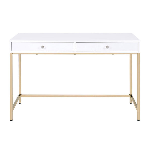 English Elm White White High Gloss and Gold 2-Drawer Writing Desk with Crystal Knobs, Sleek Contemporary Office Elegance B062P191050