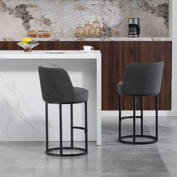 English Elm Counter Height Barstools Set of 2 Linen Upholstered Barrel Seat with Iron Legs Gray W395P410436