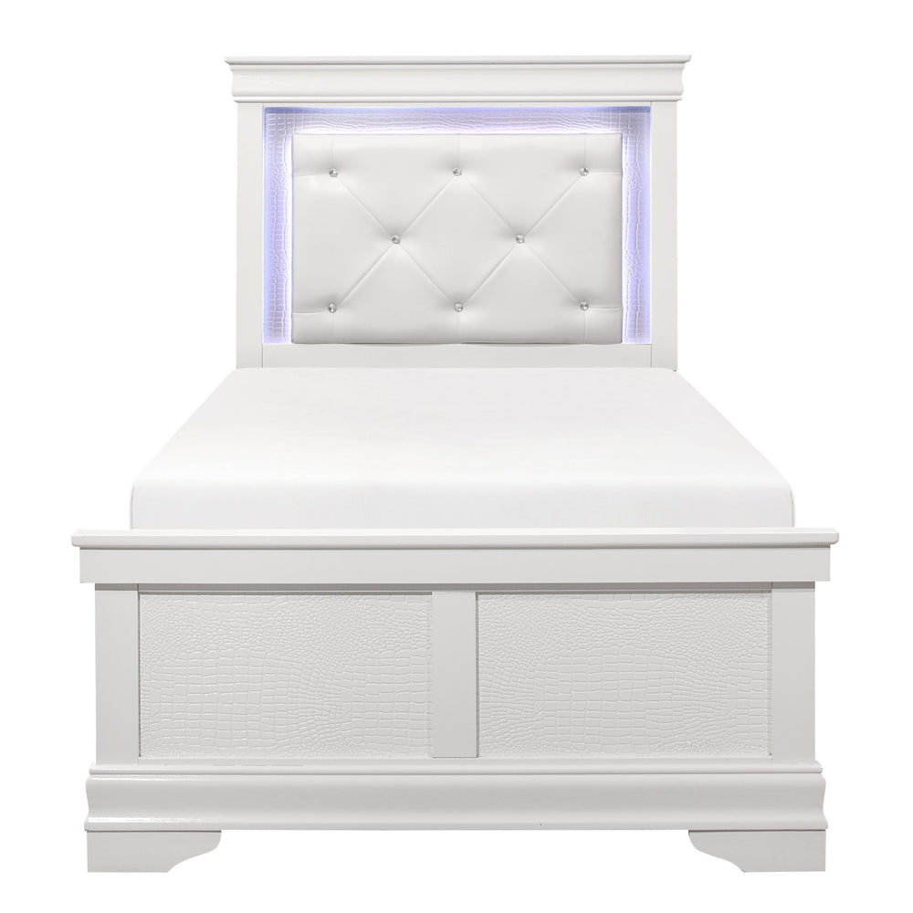 English Elm Glam Queen Bed with Faux Alligator Embossed Panels, Crystal-Tufted LED Backlit Headboard, Luxe Appeal White 49 L x 33 W x 9 H B011S02037