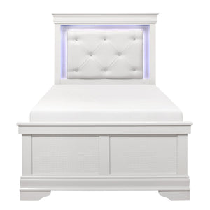 English Elm Glam Queen Bed with Faux Alligator Embossed Panels, Crystal-Tufted LED Backlit Headboard, Luxe Appeal White 49 L x 33 W x 9 H B011S02037