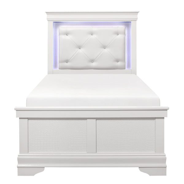 English Elm Glam Queen Bed with Faux Alligator Embossed Panels, Crystal-Tufted LED Backlit Headboard, Luxe Appeal White 49 L x 33 W x 9 H B011S02037