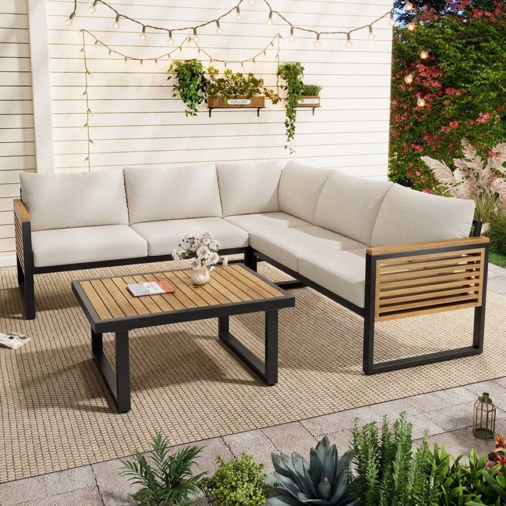 English Elm Outdoor Acacia Wood Iron Frame 4 Piece Corner Sectional Patio Lounge Set N757S454250B