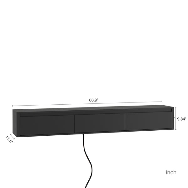 English Elm Floating TV Stand with Touch LED Strip, Built-In Power Hub & Ample Storage for Modern Living Rooms Black 74.61 L x 17.52 W x 6.1 H W1321P389542