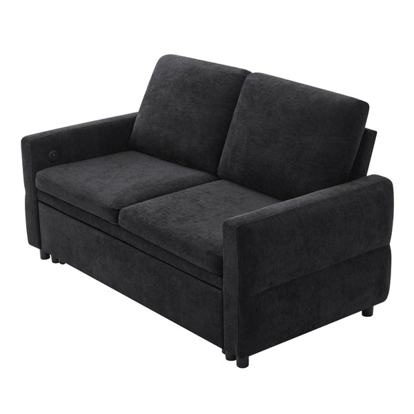 English Elm Convertible Chenille Sleeper Loveseat with Usb Ports and Reclining Backrest for Small Spaces Black N719P390439B
