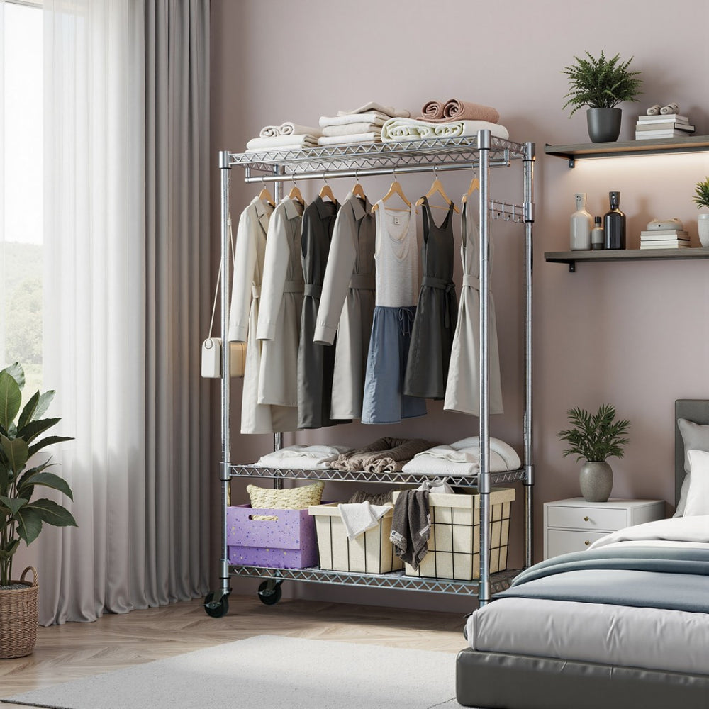 English Elm Heavy Duty Rolling Garment Rack Freestanding Closet Organizer with Adjustable Steel Shelving Chrome W5386P445622