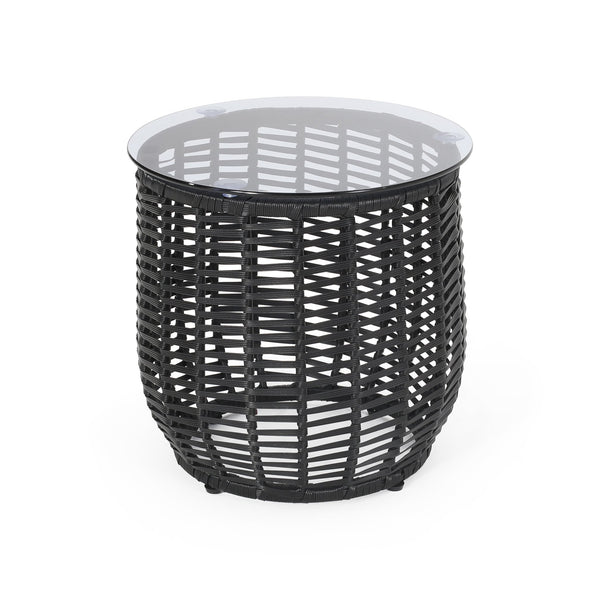 English Elm Christopher Knight Home® - ARIAS RATTAN SIDE TABLE with Tempered Glass Top, Boho Drum Design, Durable Woven Polyethylene Finish Black 65764.00BLK