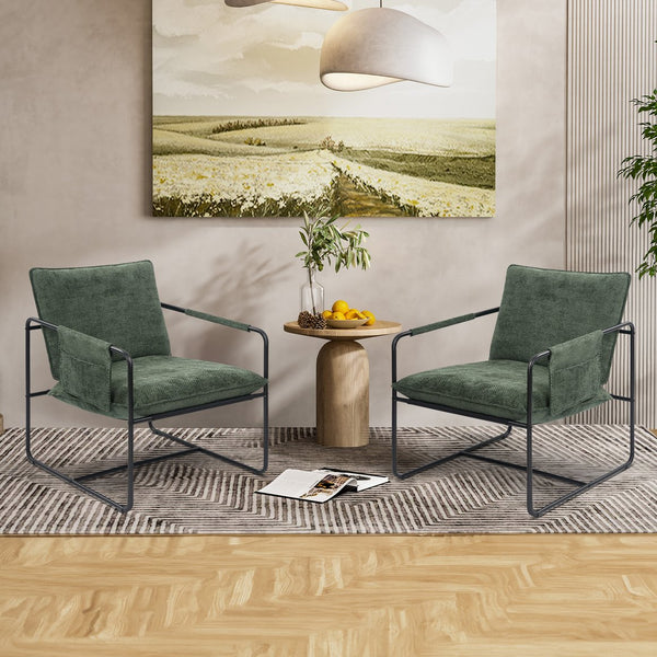 English Elm Accent Chair Mid-Century Rattan Arms Set of 2 with Rubber Wood Legs, Plush Fabric Seat, Cozy Lounge Green T3950P399125