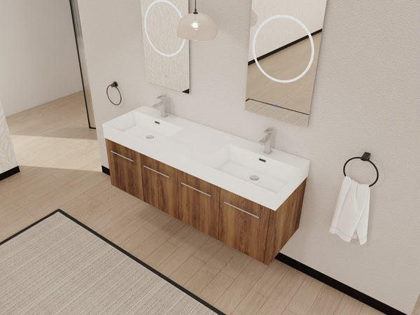 English Elm 60 Inch Wall-Mounted Bathroom Vanity With Double Resin Sink, Modern Design & Ample Storage Space W999S00250