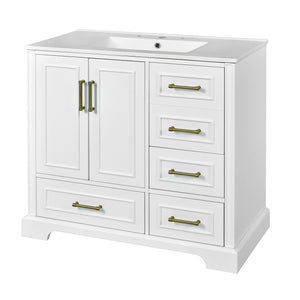 English Elm 36" Traditional Bathroom Vanity with Ceramic Sink, Solid Wood Cabinet, Soft-Close Doors & Drawers White N729P251630K