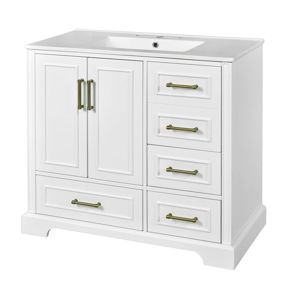 English Elm 36" Traditional Bathroom Vanity with Ceramic Sink, Solid Wood Cabinet, Soft-Close Doors & Drawers White N729P251630K