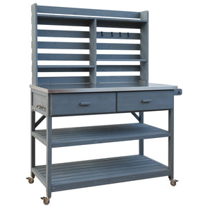 English Elm K&K 64.9" Outdoor Potting Bench with 1.2" Stainless Steel Top, Lockable Wheels, Hutch & Drawers Grey+Blue N707P228274G