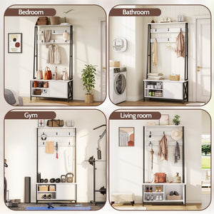 English Elm Hall Tree Entryway Organizer with Flip Shoe Cabinet Cushioned Bench and Industrial Wood Frame White+Black T5618P448214