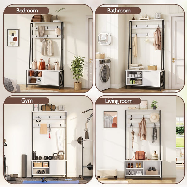 English Elm Hall Tree Entryway Organizer with Flip Shoe Cabinet Cushioned Bench and Industrial Wood Frame White+Black T5618P448214