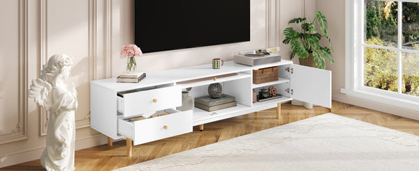 English Elm 70 Modern TV Stand for TVs up to 80" with Rattan Accents, Smooth Drawers, Flip-Up Storage, Durable Design White N710P339470W
