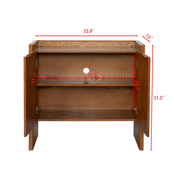 English Elm Walnut-colored Rustic Sideboard Buffet Cabinet with Solid Wood Veneer, Hidden Handles, Adjustable Shelves (33.9"x15"x31.5") W1801P195597